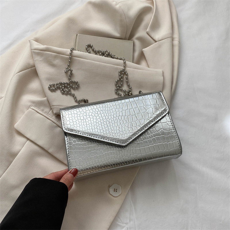 Borsa a tracolla donna in ecopelle PU motivo coccodrillo – colore argento– URBANPULSE"