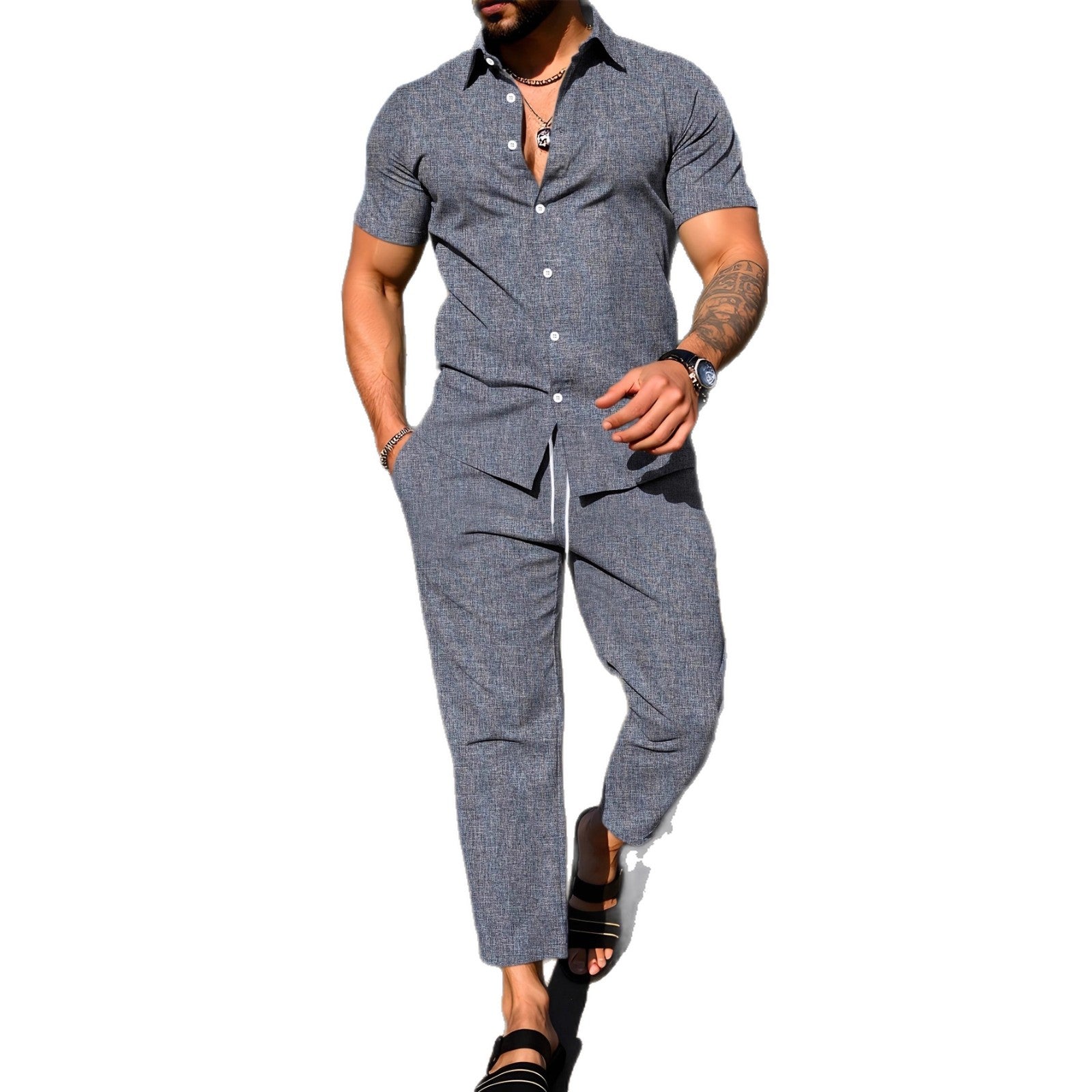 Completo estivo in lino da uomo camicia e pantaloni – colore Grigio – URBANPULSE"
