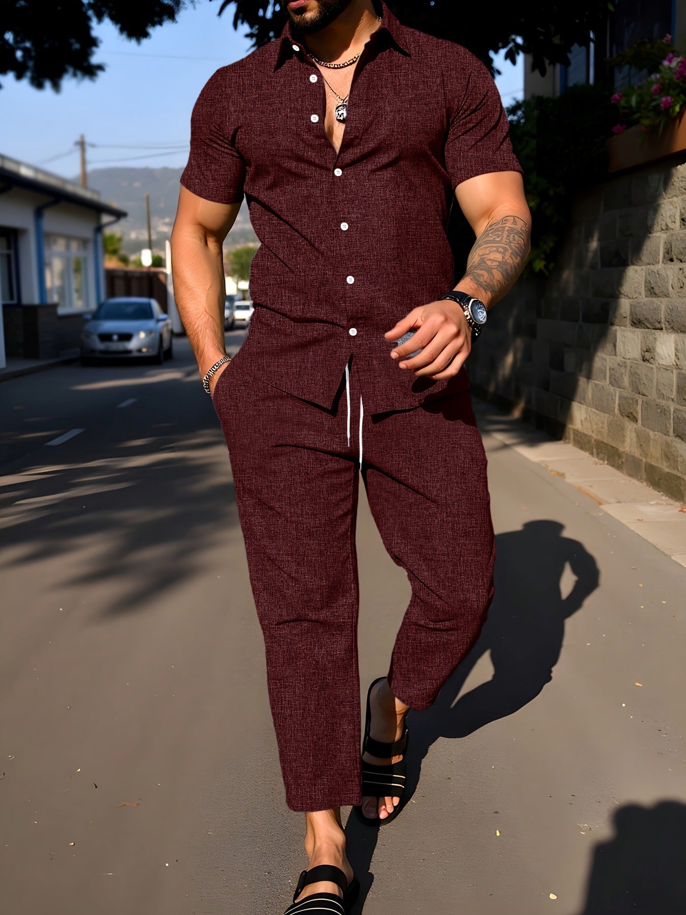 Completo estivo in lino da uomo camicia e pantaloni – colore Rosso – URBANPULSE"