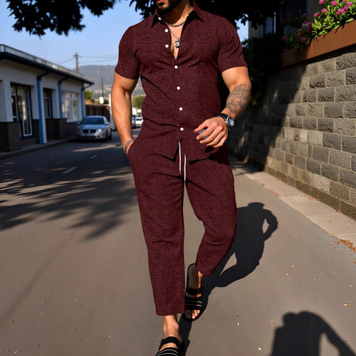 Completo estivo in lino da uomo camicia e pantaloni – colore rosso – URBANPULSE"